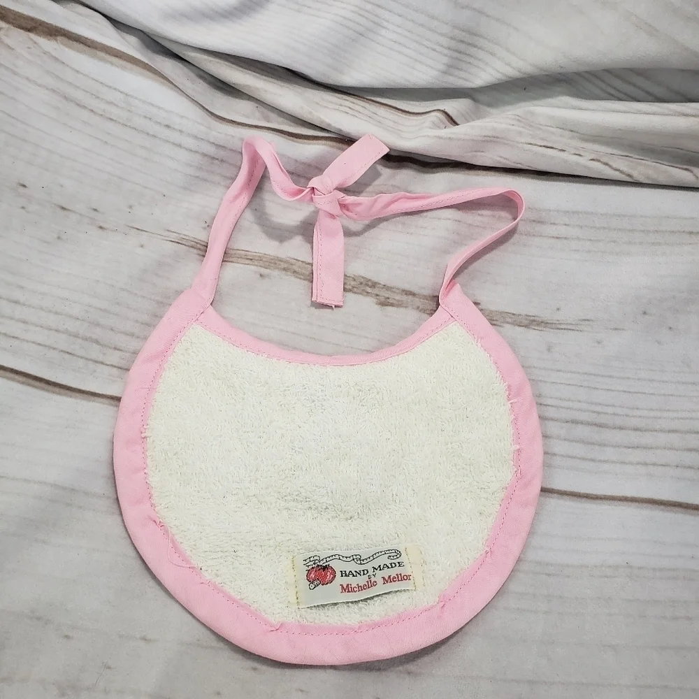 Handmade Cross Stitch Baby Bib Teddy Bear Teacher's Pet With Squeaker Terrycloth